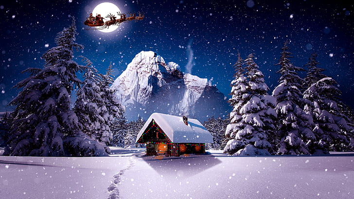 Winter, santa claus, sleigh, sledge, snow, snowing, moon, log cabin, house, HD  wallpaper | Wallpaperbetter