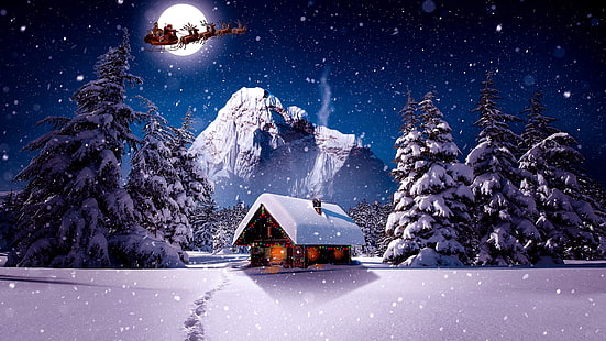 inverno, papai noel, trenó, trenó, neve, nevando, lua, cabana, casa, montanha, noite de natal, HD papel de parede HD wallpaper