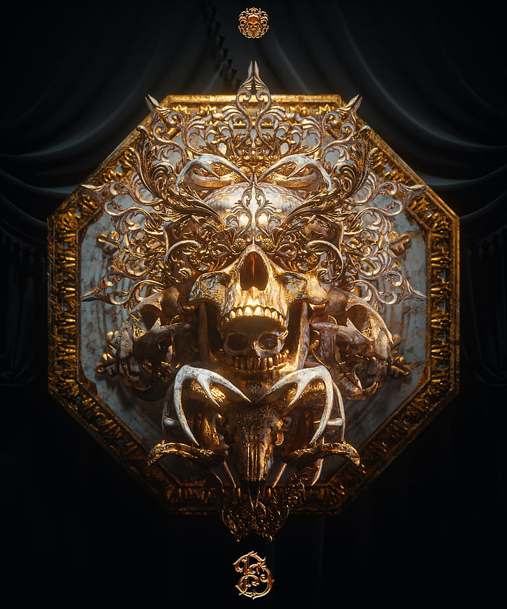 billelis, skull, black background, HD wallpaper
