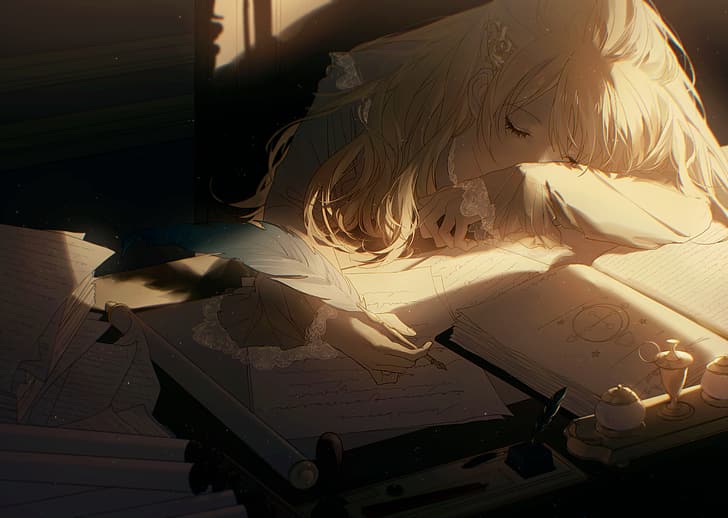 anime, anime girls, blonde, long hair, feathers, closed eyes, sleeping, books, barrette, writing, table, HD wallpaper