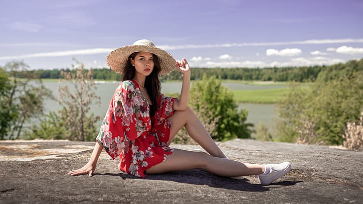 greens, the sky, look, the sun, trees, landscape, nature, pose, river, model, portrait, hat, makeup, figure, dress, brunette, hairstyle, shoes, legs, beauty, sitting, in red, bokeh, sexy, Elisabeth, on earth, iCONA pICTURA, HD wallpaper