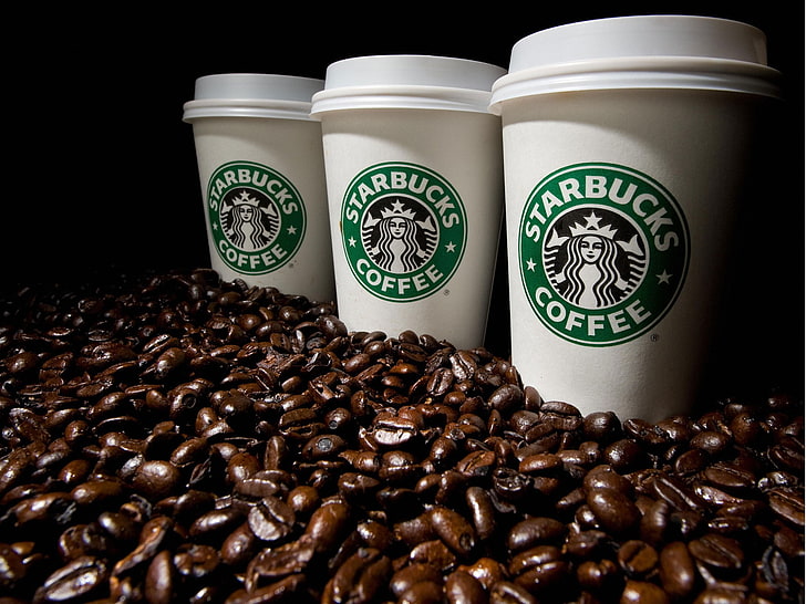 three Starbucks travel coffee tumblers, starbucks, HD wallpaper