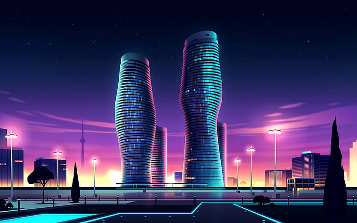 vier graue Turmgebäude während der Nachtillustration, Illustration des grauen kombinierenden Turms, Nacht, Stadtbild, bunt, HD-Hintergrundbild