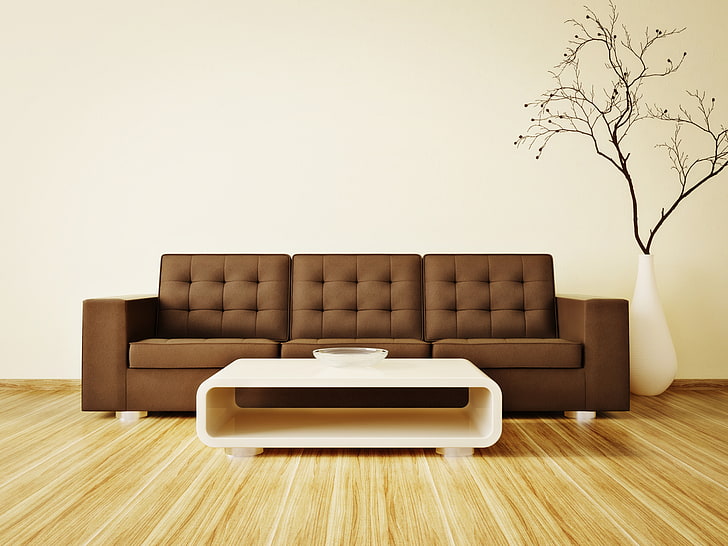 tuftad brun soffa, bord, rum, soffa, interiör, gren, HD tapet