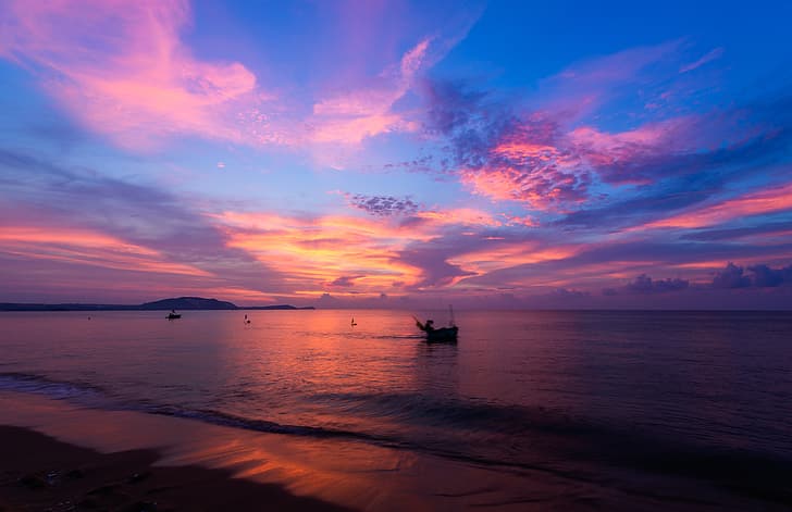 sand, sea, wave, beach, summer, sunset, pink, seascape, beautiful, purple, HD wallpaper