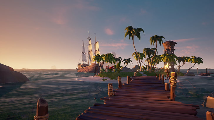 animated footbridge leading to island graphic wallpaper, Sea of Thieves, ship, palm trees, water, rare studios, sunset, island, pirates, sand, video games, HD wallpaper