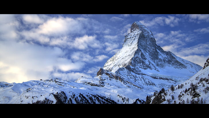 krajobraz, Matterhorn, góry, przyroda, chmury, śnieg, lód, zima, Tapety HD