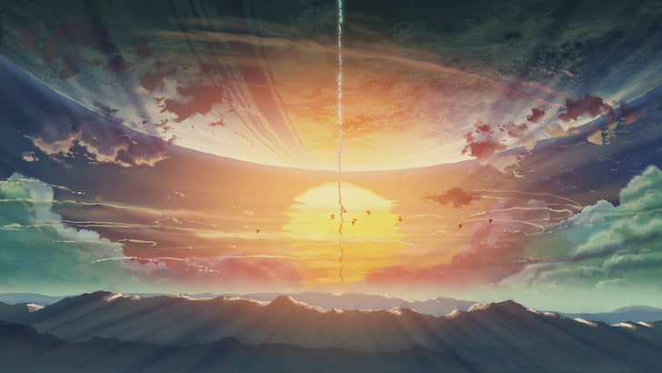 painting of sun rising, 5 Centimeters Per Second, sun rays, Sun, contrails, sky, Makoto Shinkai, HD wallpaper