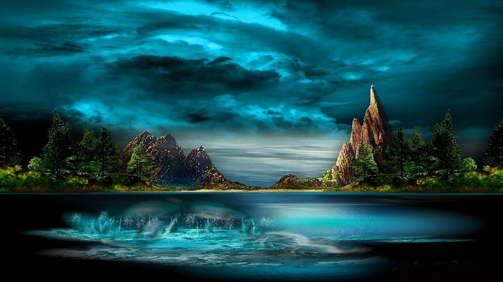 анимирана илюстрация на езеро и планини, пейзаж, дигитално изкуство, природа, HD тапет