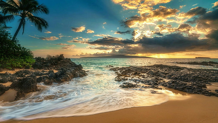 horisont, hawaii, maui, makena beach, kust- och oceaniska landformer, usa, kväll, våg, stor strand, solnedgång, strand, kust, hav, karibien, tropikerna, strand, himmel, hav, HD tapet