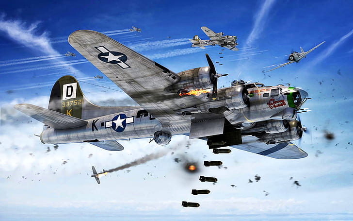 attack, B-17G, The second World war, Luftwaffe, vapor trail, Fw.190A, bombs, war in the air, Strategic bombing of Germany, HD wallpaper