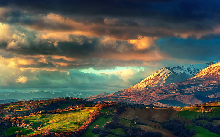 Italy, the Apennines, spring scenery, sunrise, clouds, fields, mountains, green mountain, Italy, Apennines, Spring, Scenery, Sunrise, Clouds, Fields, Mountains, HD wallpaper