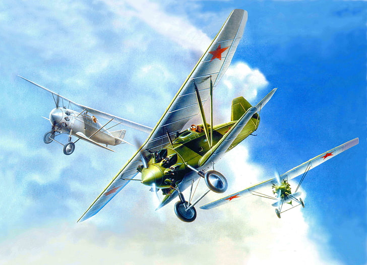 green and white biplanes, the plane, fighter, art, Soviet, single, And-4, aircraft, which, Paul Dry, became, Russian wings, THE SOVIET AIR FORCE., designed, 1927, built, commercially, ANT-5, first, HD wallpaper