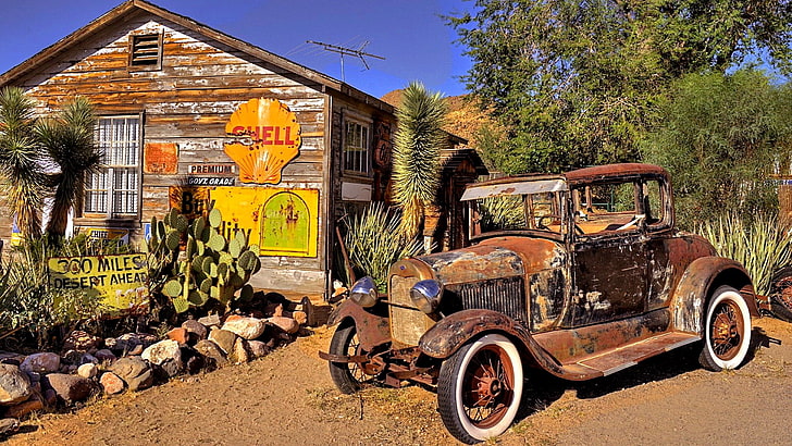 car, rusty, vehicle, vintage car, classic, hackberry general store, antique car, route 66, rusty car, hackberry, arizona, store, cactus, classic car, photography, HD wallpaper