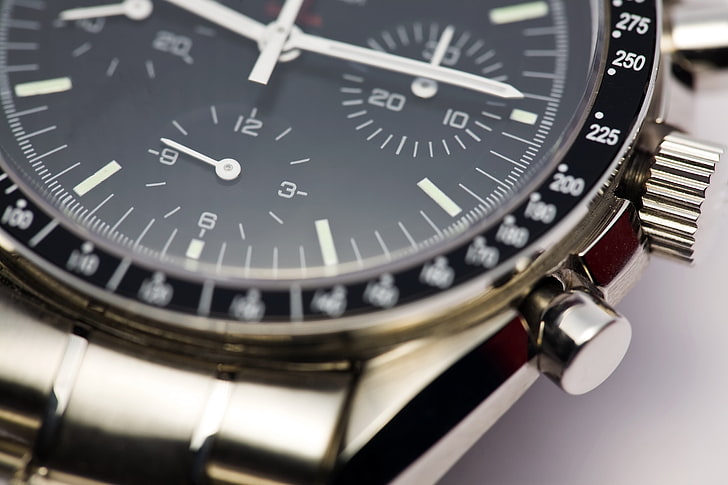 round black and silver-colored chronograph watch, watches, mechanical, hands, close-up, HD wallpaper