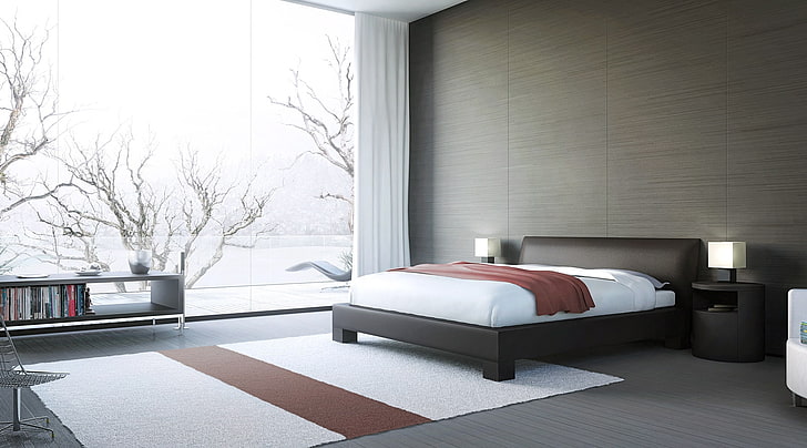 beds interior bedroom window panes modern 3d 1600x888  Technology Windows HD Art , interior, beds, HD wallpaper