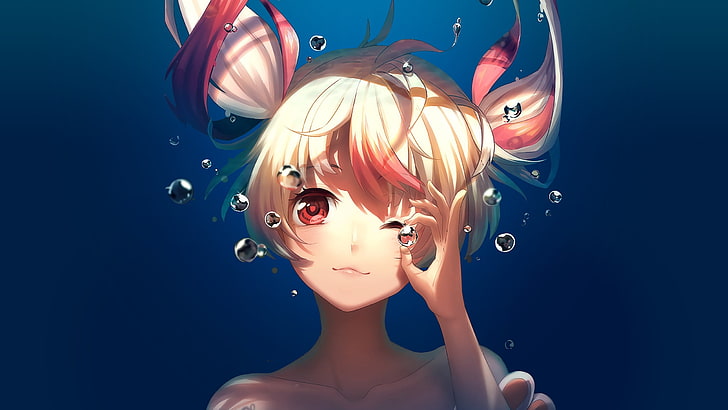 female anime character portrait digital wallpaper, anime girls, red eyes, underwater, original characters, HD wallpaper