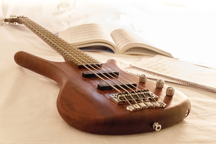 gitar bass coklat dan hitam, gitar, musik, string, alat musik, Wallpaper HD