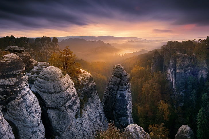 national park, rocks, mountains, forest, landscape, sky, Saxon Switzerland, trees, photography, HD wallpaper