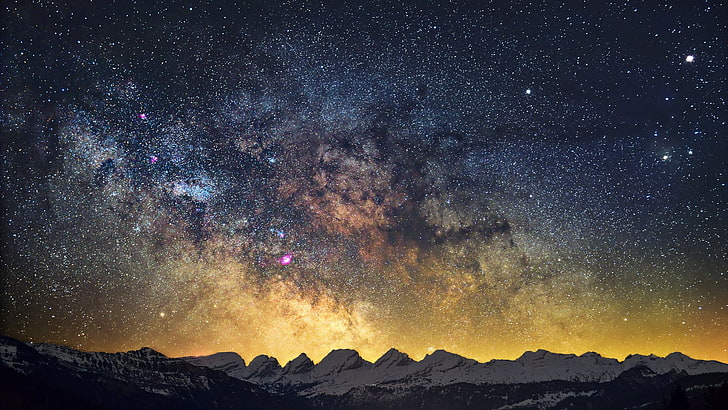 alp bajo fondo de pantalla digital milkyway, cielo, invierno, montañas, nieve, estrellas, Vía Láctea, misterio, Fondo de pantalla HD