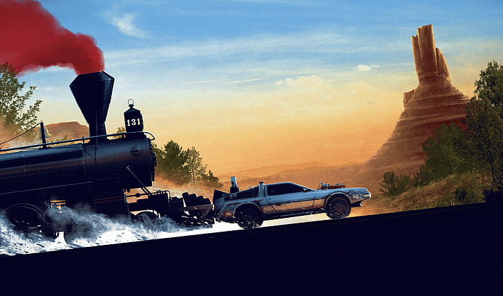 поезд, Машина времени, DeLorean, автомобиль, кино, Назад в будущее III (фильм), 1990 (год), произведение искусства, HD обои