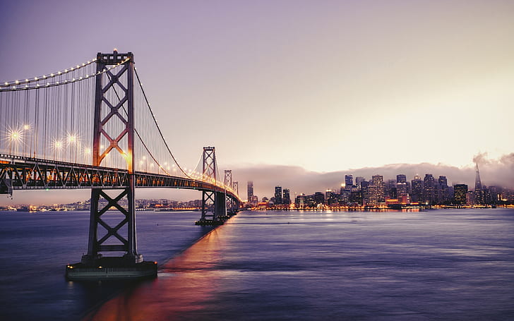 San Francisco schöne Landschaft, Abenddämmerung, Buchtbrücke, Lichter, Wolkenkratzer, Francisco, schön, Landschaft, Bucht, Brücke, Lichter, Wolkenkratzer, HD-Hintergrundbild