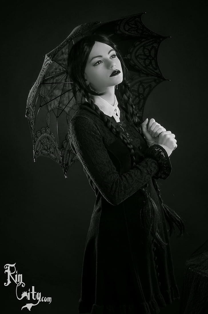 Black umbrella, wednesday addams, cosplay, monochrome, Katrina Wilkinson,  HD wallpaper | Wallpaperbetter