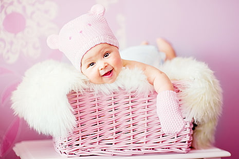 różowy wiklinowy kosz, dziecko, twarz, słodki, niemowlę, dziecko, noworodek, Tapety HD HD wallpaper