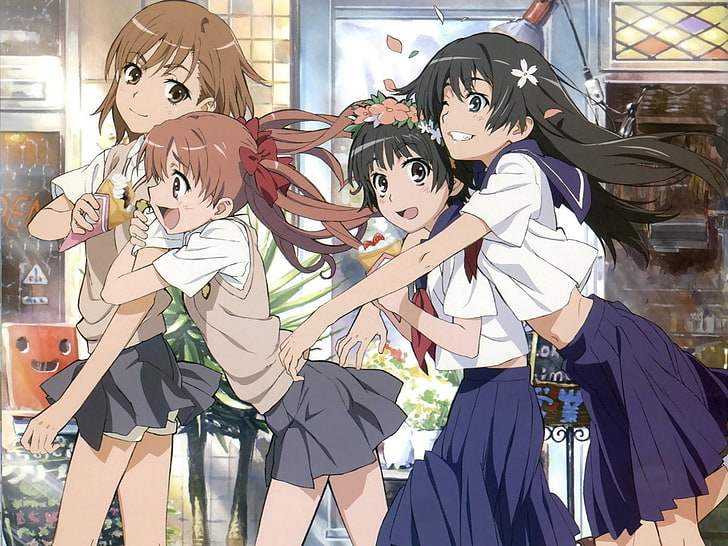 A Aru Kagaku no Railgun, Misaka Mikoto, Shirai Kuroko, Saten Ruiko, Uiharu Kazari, chicas anime, Fondo de pantalla HD