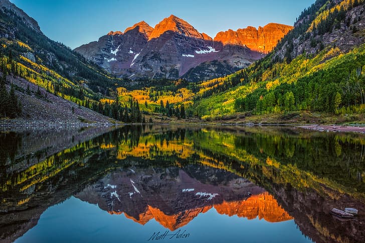 осень, лес, отражение, озеро, Колорадо, США, скалистые горы, штат, Maroon Bells, HD обои