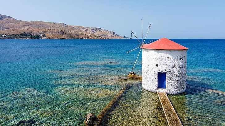arquitectura, bahía, playa, azul, barco, edificio, costa, Europa, Grecia, puerto, casa, isla, Fondo de pantalla HD