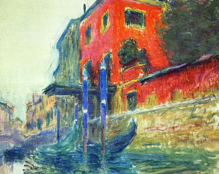 the city, boat, picture, Venice, gondola, Claude Monet, Red House, HD wallpaper
