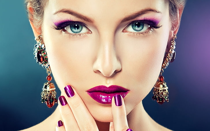 women's purple lipstick, girl, blue eyes, make-up, face, HD wallpaper