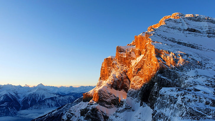 montanhas, inverno, neve, céu claro, ciano, luz solar, HD papel de parede