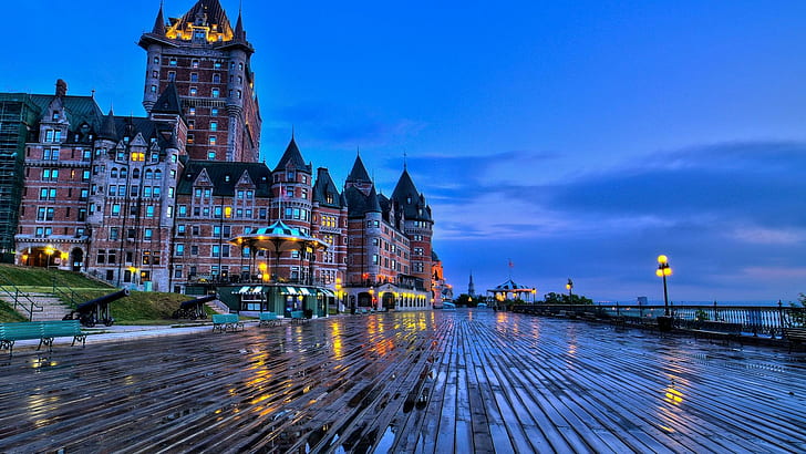 Le Chateau Frontenac In Quebec, hotel, rain, chateau, boardwalk, dusk, nature and landscapes, HD wallpaper