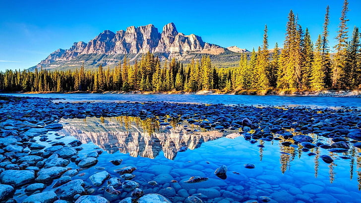 Калгари, Канада, Альберта, отражение, камни, горы, HD обои