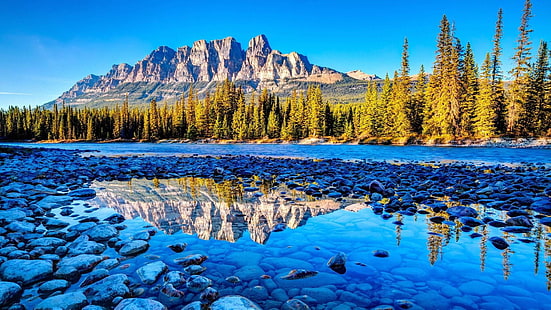 Калгари, Канада, Алберта, отражение, камъни, планини, HD тапет HD wallpaper