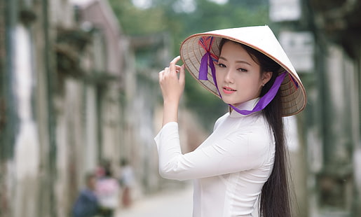 Femmes, asiatique, ao dai, chapeau conique asiatique, bokeh, fille, vietnamien, Fond d'écran HD HD wallpaper