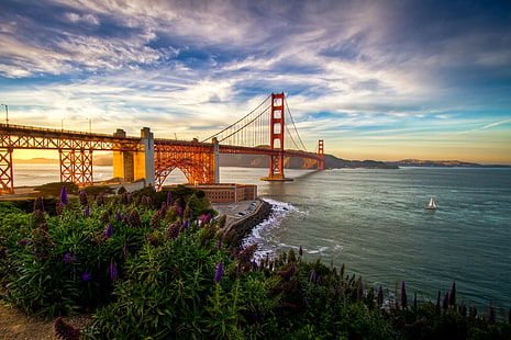 ゴールデンゲートブリッジ、カリフォルニア州サンフランシスコ、サンフランシスコ、アメリカ、太平洋、カリフォルニア、ヨット、花、 HDデスクトップの壁紙 HD wallpaper