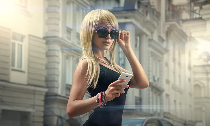 wanita, berambut pirang, wanita dengan kacamata, potret, ponsel, Wallpaper HD