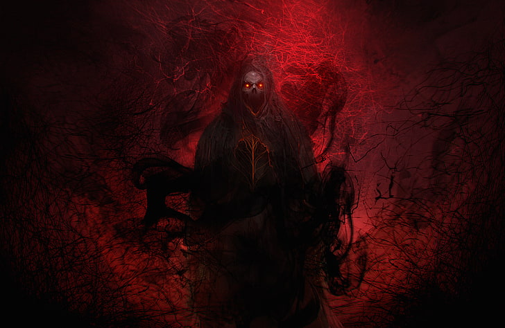 ورق جدران Grim Reaper باللونين الأسود والأحمر ، الموت ، الشيطان ، الرعب ، الشيطان ، العيون المحترقة ، الجحيم ، مرحبًا بكم في الجحيم، خلفية HD