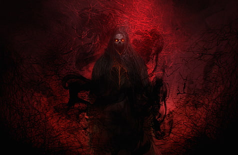 wallpaper Grim Reaper hitam dan merah, kematian, iblis, horor, Setan, mata terbakar, neraka, Welcome To Hell, Wallpaper HD HD wallpaper