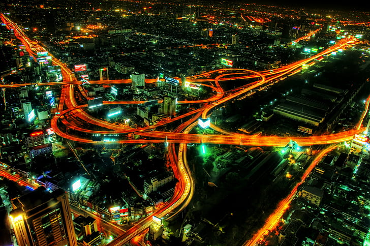 aerial view of city buildings in time lapse photography during nighttime, bangkok, bangkok, Veins, Bangkok, aerial view, city, buildings, in time, time lapse photography, nighttime, hdr, night  light, taillights, cars, highway, heart, downtown, blood, evening, red  orange, magical, Nikon, google, screensaver, imagekind, d2x, d2xs, getty, beautiful, colorful, fresh, dream, photo, photograph, photography, professional, technique, dynamic, world, fabulous, gorgeous, charming, stunning, art, divine, travel, international, adventure, tutorial, cyberpunk, urban, cyber  punk, stuck, customs, traffic, cityscape, techno, Butterfly, night, street, urban Scene, road, asia, architecture, business, transportation, multiple Lane Highway, downtown District, road Intersection, HD wallpaper