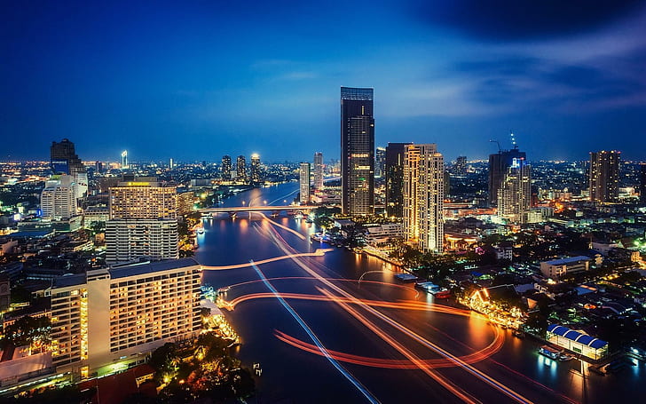 River Lights In Bangkok Thail, lights, river, bridge, city, night, nature and landscapes, HD wallpaper
