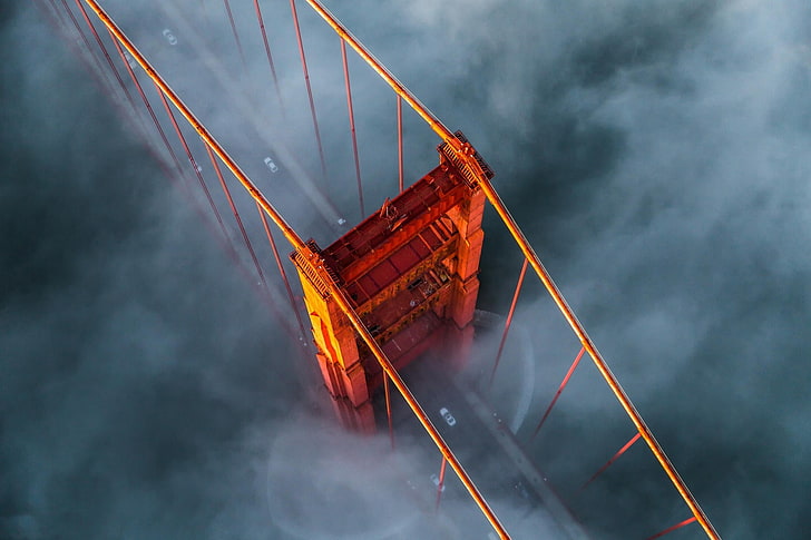 orange bridge, mist, landscape, nature, bridge, aerial view, Golden Gate Bridge, morning, architecture, San Francisco, car, technology, bird's eye view, HD wallpaper