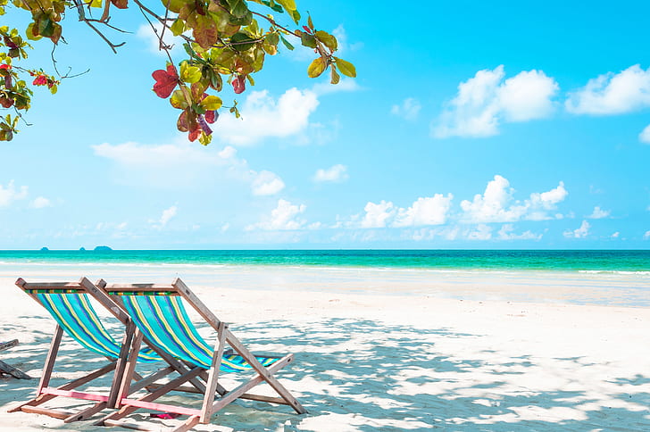 laut, pantai, musim panas, tropis, Alam, kursi berjemur, air biru, Wallpaper HD