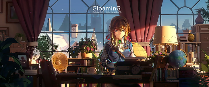 violet evergarden, room, blonde, books, ribbon, Anime, HD wallpaper