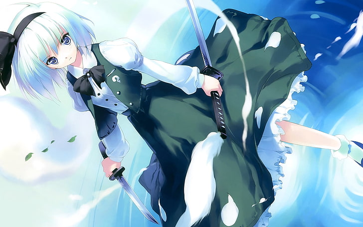 두 칼을 들고 파란 머리 여성 애니메이션 캐릭터 바탕 화면, 우에다 료, 콘 파쿠 요무, 미온, 소녀, 금발, 드레스, 무기, HD 배경 화면