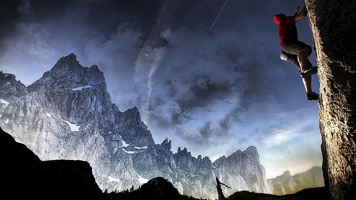 camicia da uomo con cappuccio rossa, montagne, arrampicata su roccia, Sfondo HD