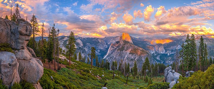 Yosemite National Park, Half Dome, nature, forest, national park, sunset glow, HD wallpaper